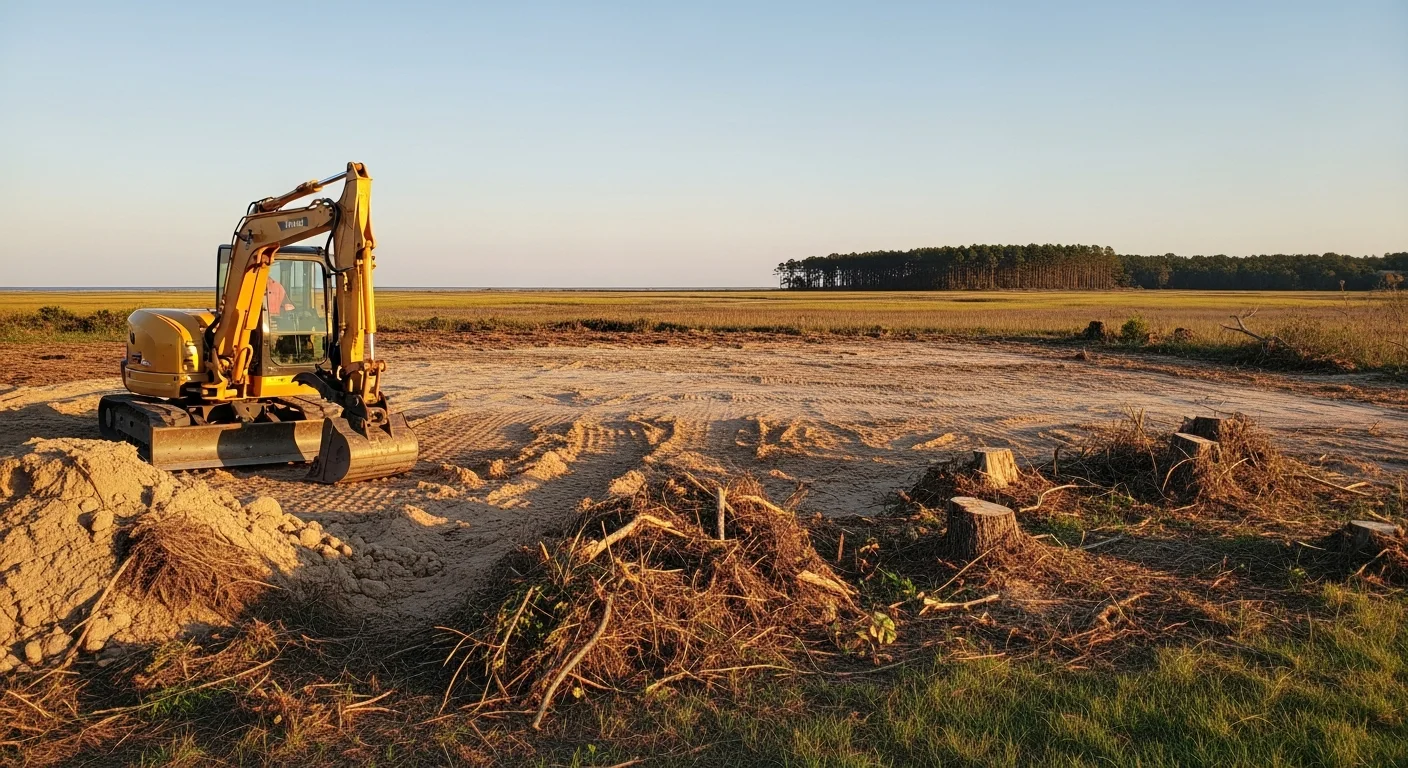 Excavation equipment preparing residential building site