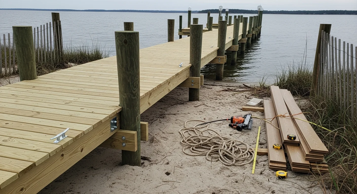 Completed seawall and dock construction at waterfront property