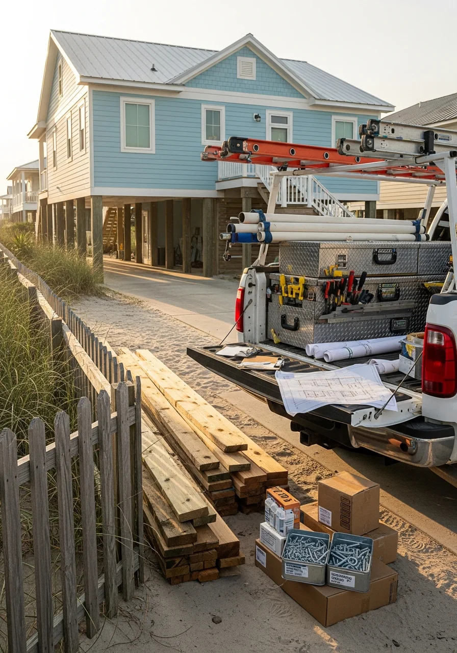 Licensed contractor assessing residential property in Emerald Isle beach community.