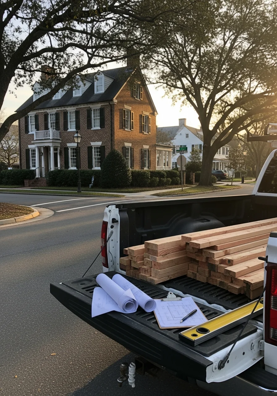 Contractor team inspecting property in New Bern neighborhood.