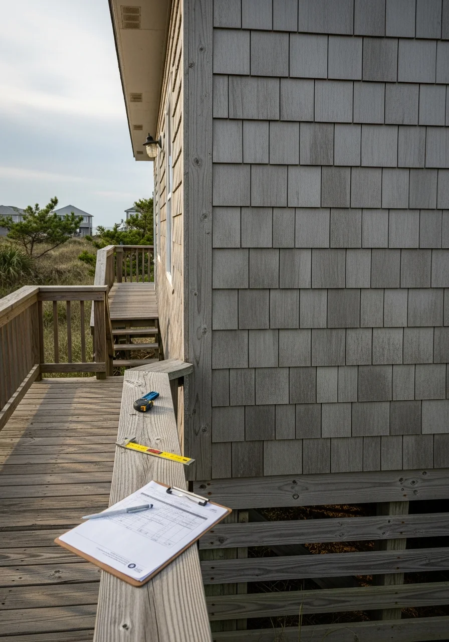Contractor inspecting oceanside property on Topsail Island during maintenance assessment.