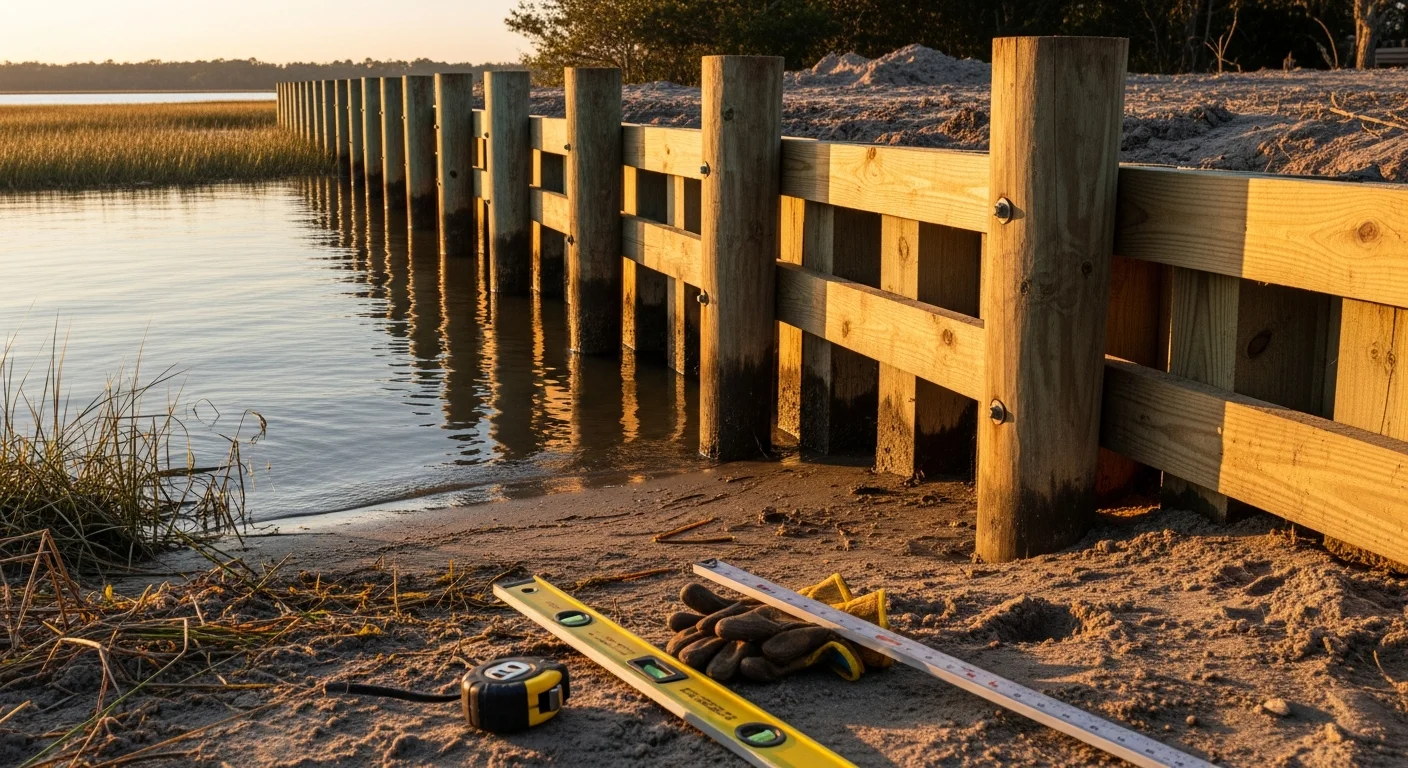 A newly installed bulkhead running along a tidal waterfront lot in Sneads Ferry, NC, with calm water on one side and a stabilized grassy bank on the other. The structure sits flush with the shoreline edge, showing a clean separation between the protected land and the water.