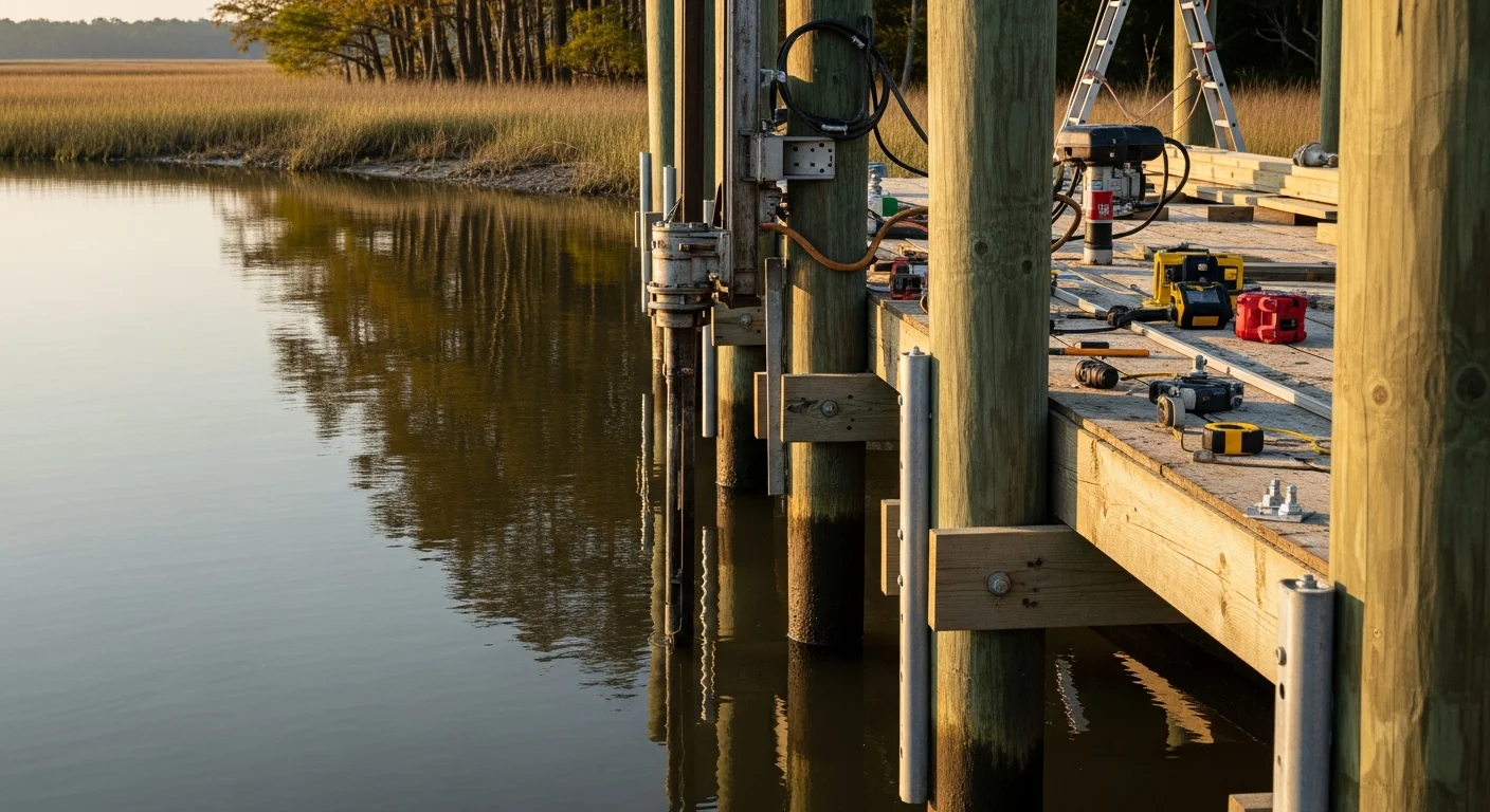 A newly constructed wooden dock extending over the calm tidal water of the New River in Sneads Ferry, NC, with treated pilings and a wide decked platform. The dock connects a waterfront residential property to open water access on a clear coastal day.