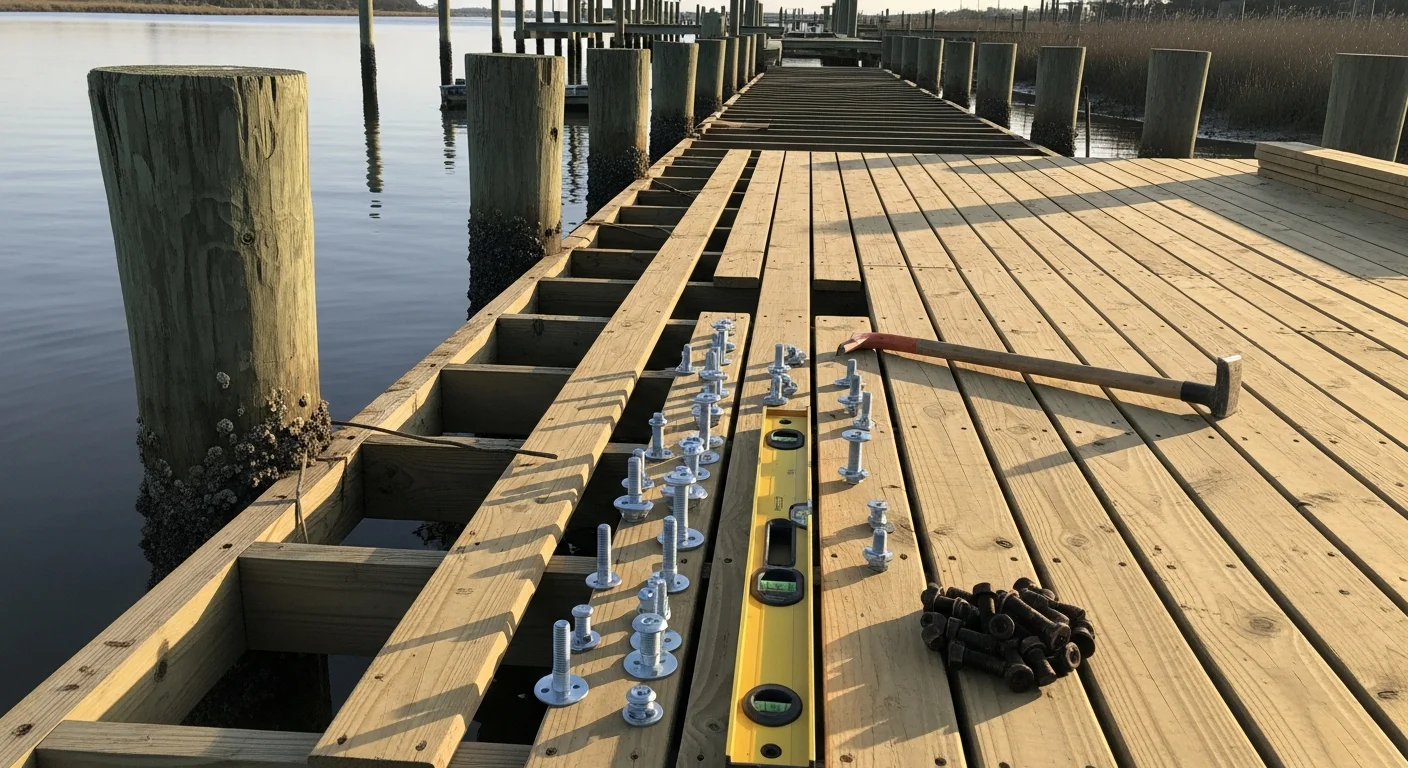 A repaired wooden dock with new deck boards and pilings along a tidal waterway in Sneads Ferry, NC. The structure sits level over the water with the Intracoastal Waterway visible in the background.
