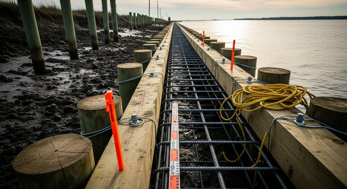 A newly constructed seawall along a tidal waterway in Sneads Ferry, NC, with a stabilized earthen bank and calm water in the foreground. The structure runs parallel to a residential waterfront lot near the New River estuary.