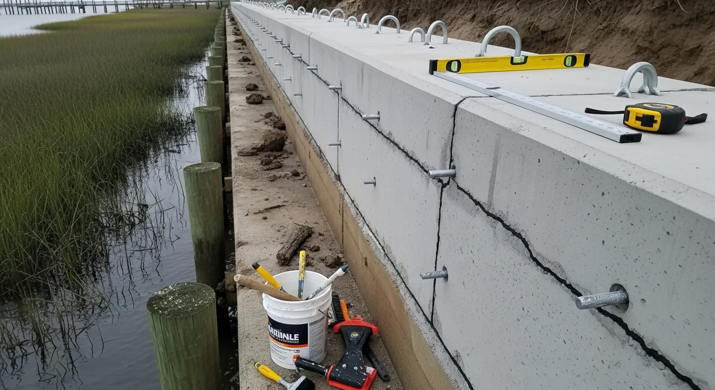 A repaired concrete seawall along a Sneads Ferry, NC waterfront property with stable soil behind the wall and calm tidal water in the foreground. Marine contractor work by OTBX Custom Builders LLC showing restored wall panels and a clean shoreline edge.